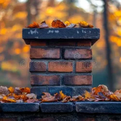 brick chimney leaves top orange yellow surrounded pile 345894663